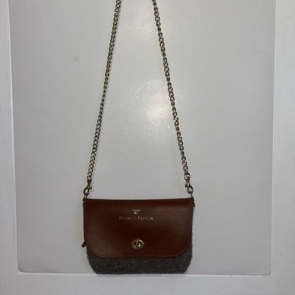 Sword & Plough Women Gray Crossbody Bag Purse Gold Chain Brown Leather - Picture 2 of 11